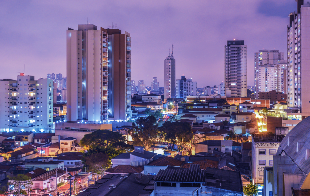 A city skyline at night.