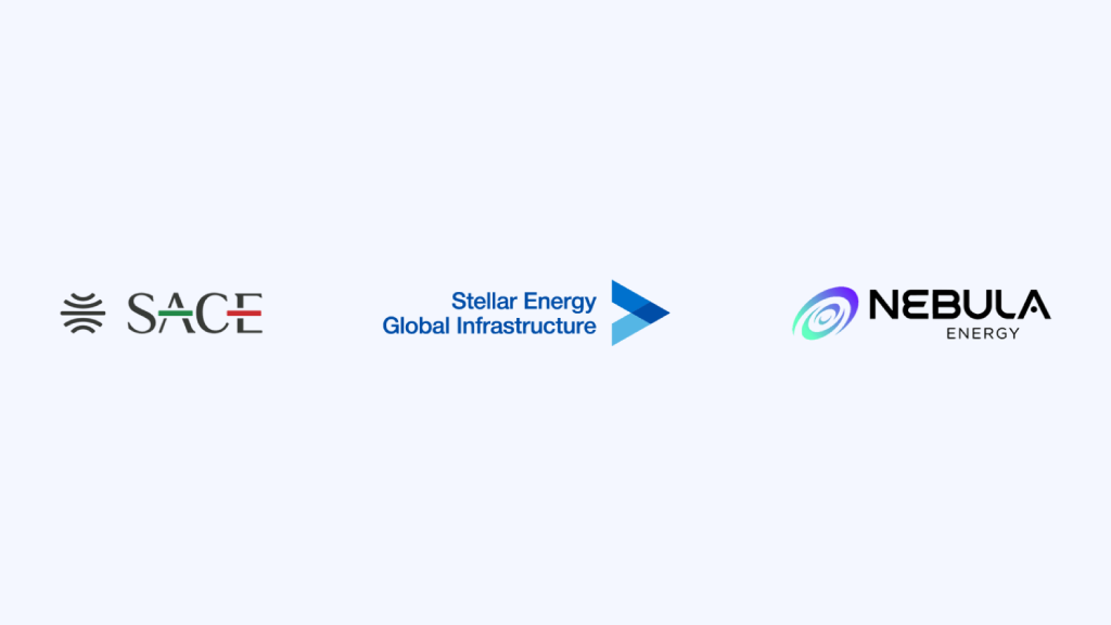 Logos for SACE, Stellar Energy Global Infrastructure, and NEBULA ENERGY displayed side by side.